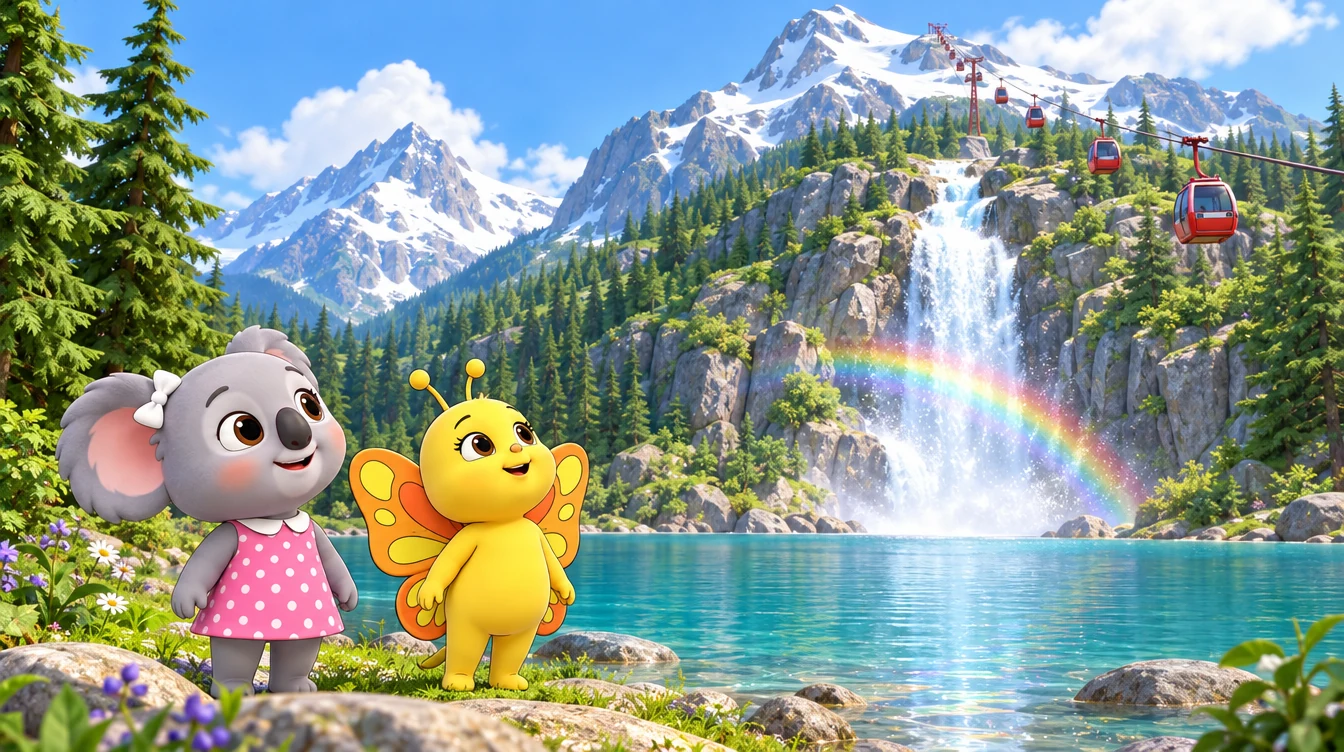 Rainbow Falls and Mountain Lake below snowy peaks