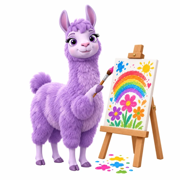 LuLu the llama beside her painting easel