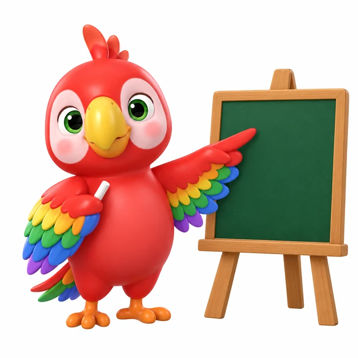 Mimi the parrot teacher pointing at a chalkboard