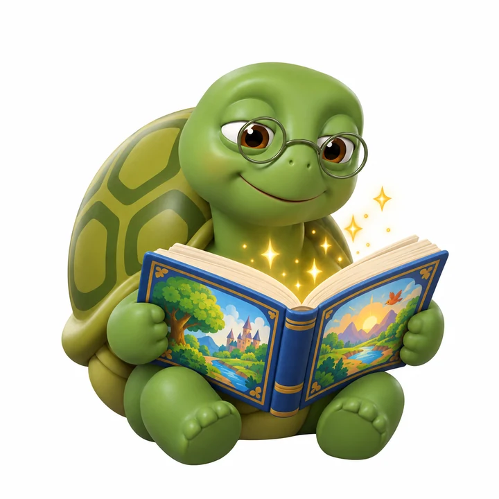 Tutu the turtle reading a glowing storybook