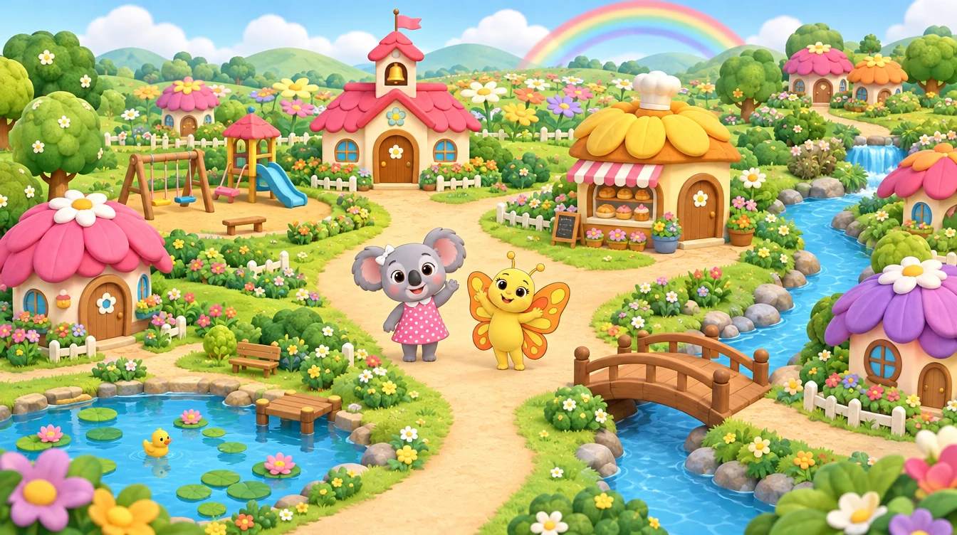 Breezy Bloom Village, a sunny cartoon village with colorful cottages, a village square and rolling hills