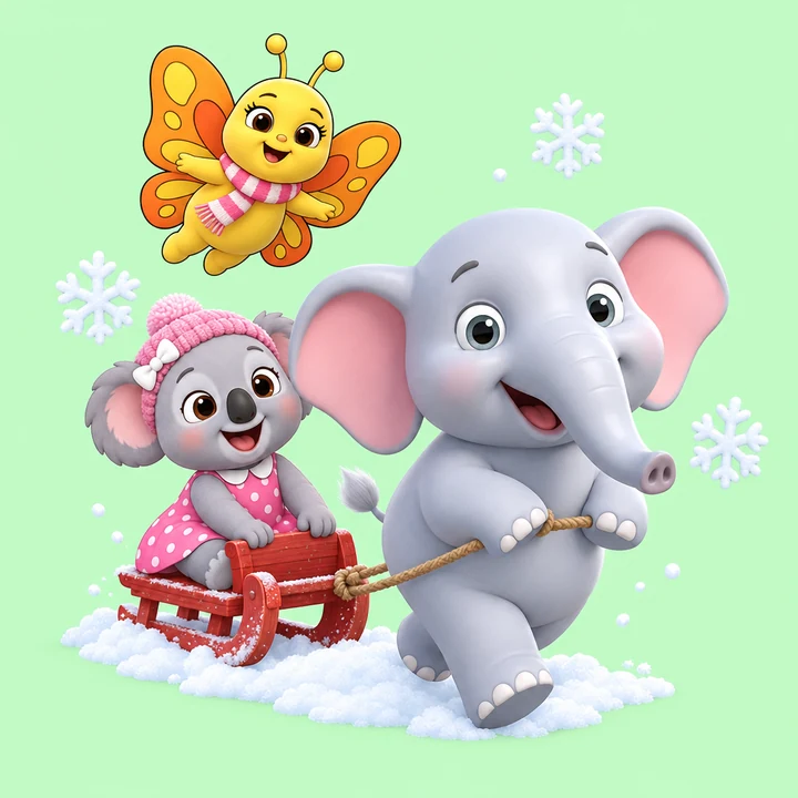 BoomBoom pulling Coco on a sled through the snow